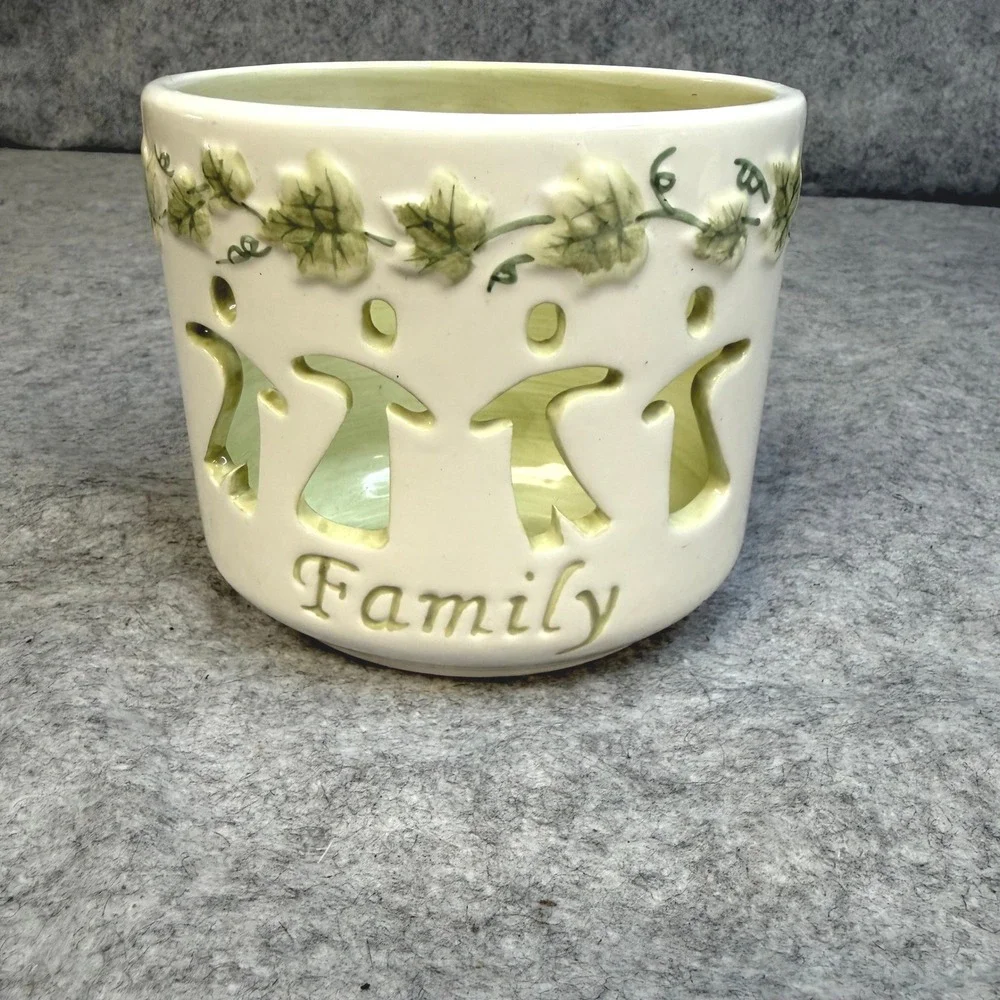 Cream Ceramic Family Cutout Candle Holder Ivy Vine Green Planter Votive Cup